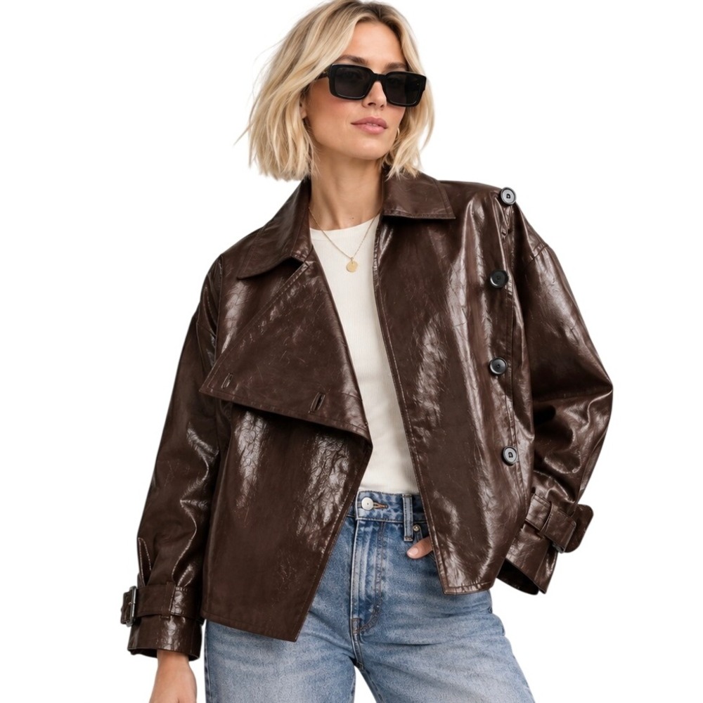 ZARA ZW Collection Brown Faux Leather Oversized Jacket S Glossy Trench Utility